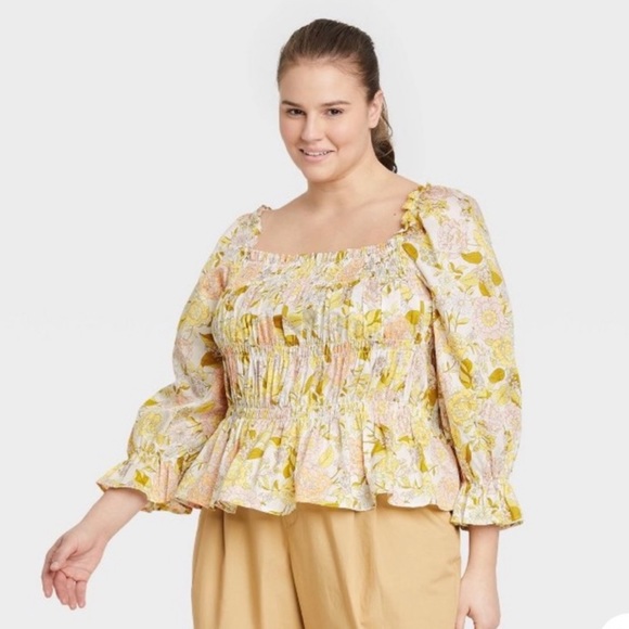 Boho Printed Balloon Sleeve Smocked Peplum Blouse